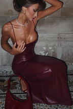 Faux Leather Side Slit Party Dress