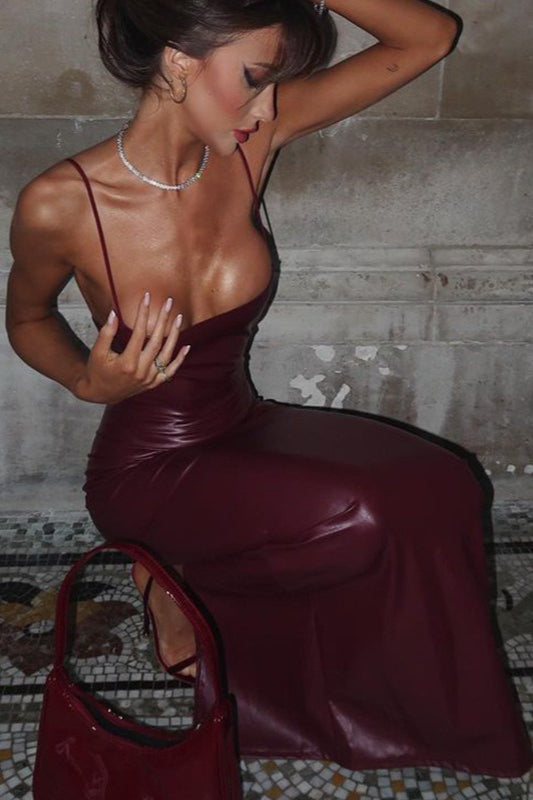 Faux Leather Side Slit Party Dress