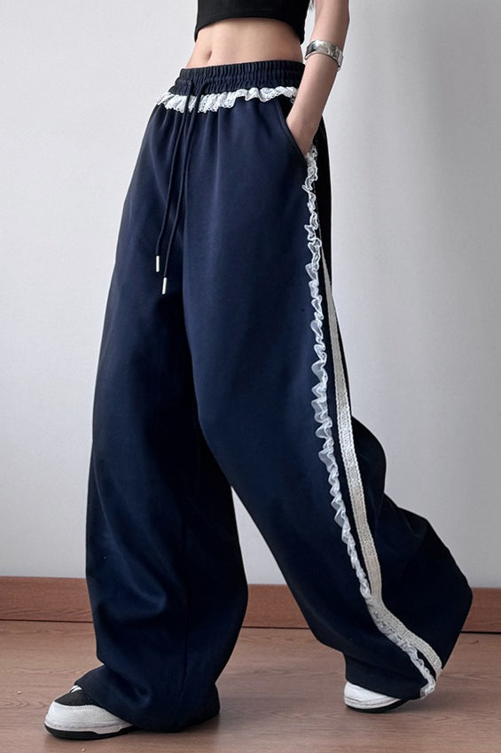 Lace Trim Wide Leg High Waist Pants Main image