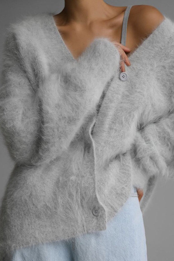 Faux Fur Blend V-Neck Cardigan S / Ivory