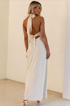 Halter V Neck Stretch Satin Cocktail Dress