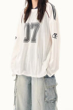 V Neck Graphic Print Oversized Raglan Long Sleeve Tee