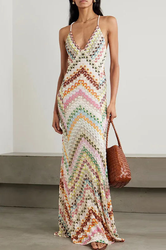 Contrast Color V Neck Boho Dress Beige / S