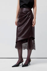 Elegant Lace Trim Leather Skirt