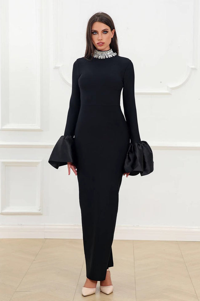 Sparkling Round Neck Long Sleeve Bubble Sleeve Formal Dress S / Black Main image