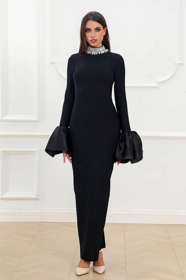 Sparkling Round Neck Long Sleeve Bubble Sleeve Formal Dress S / Black Main image