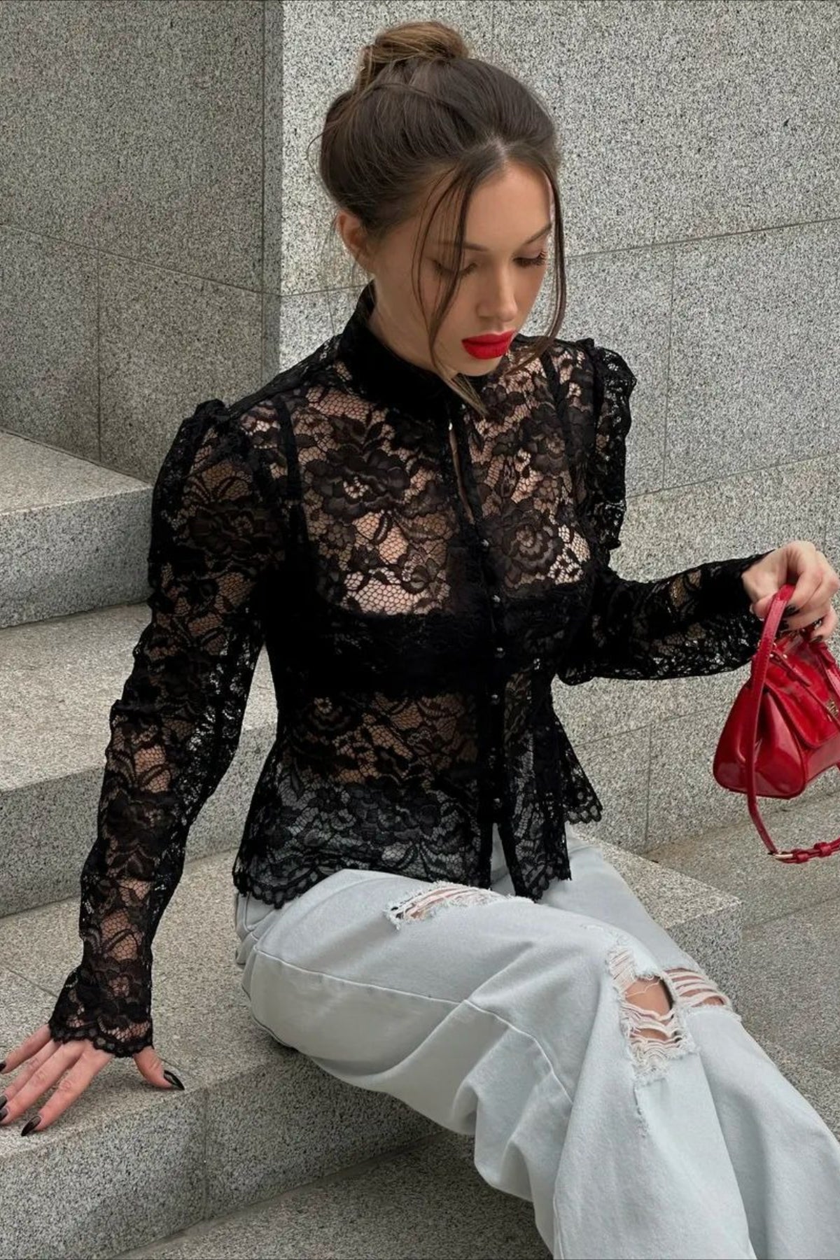 Pearl Button Sheer Lace Long Sleeve Blouse