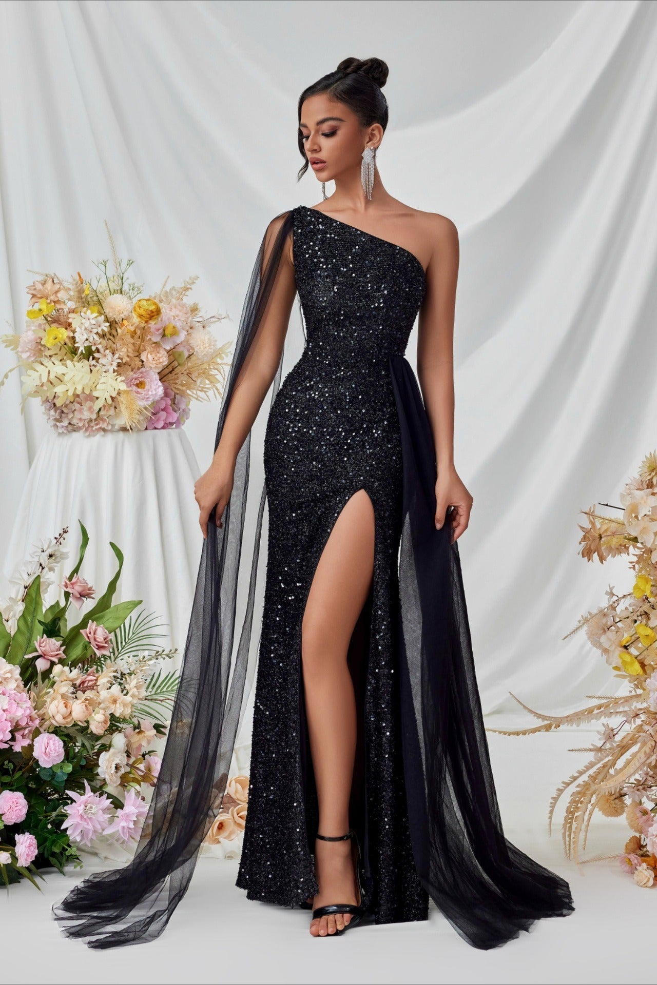 Sequin Mesh Panel Evening Party Dress Main image