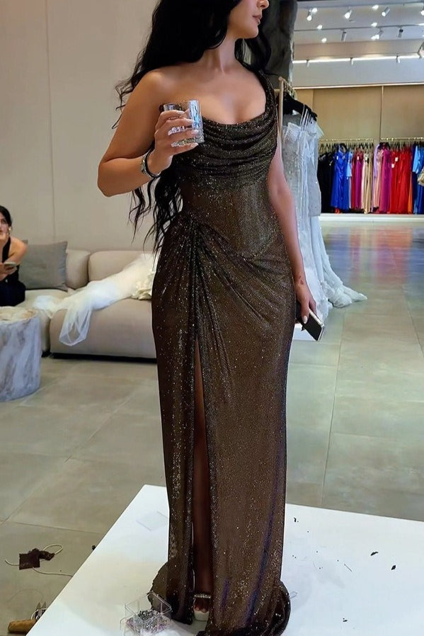Stretch Metallic Slit Formal Dress