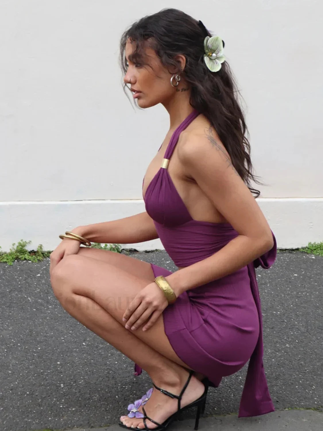Deep V Backless Low Waist Skirt Two Piece Set