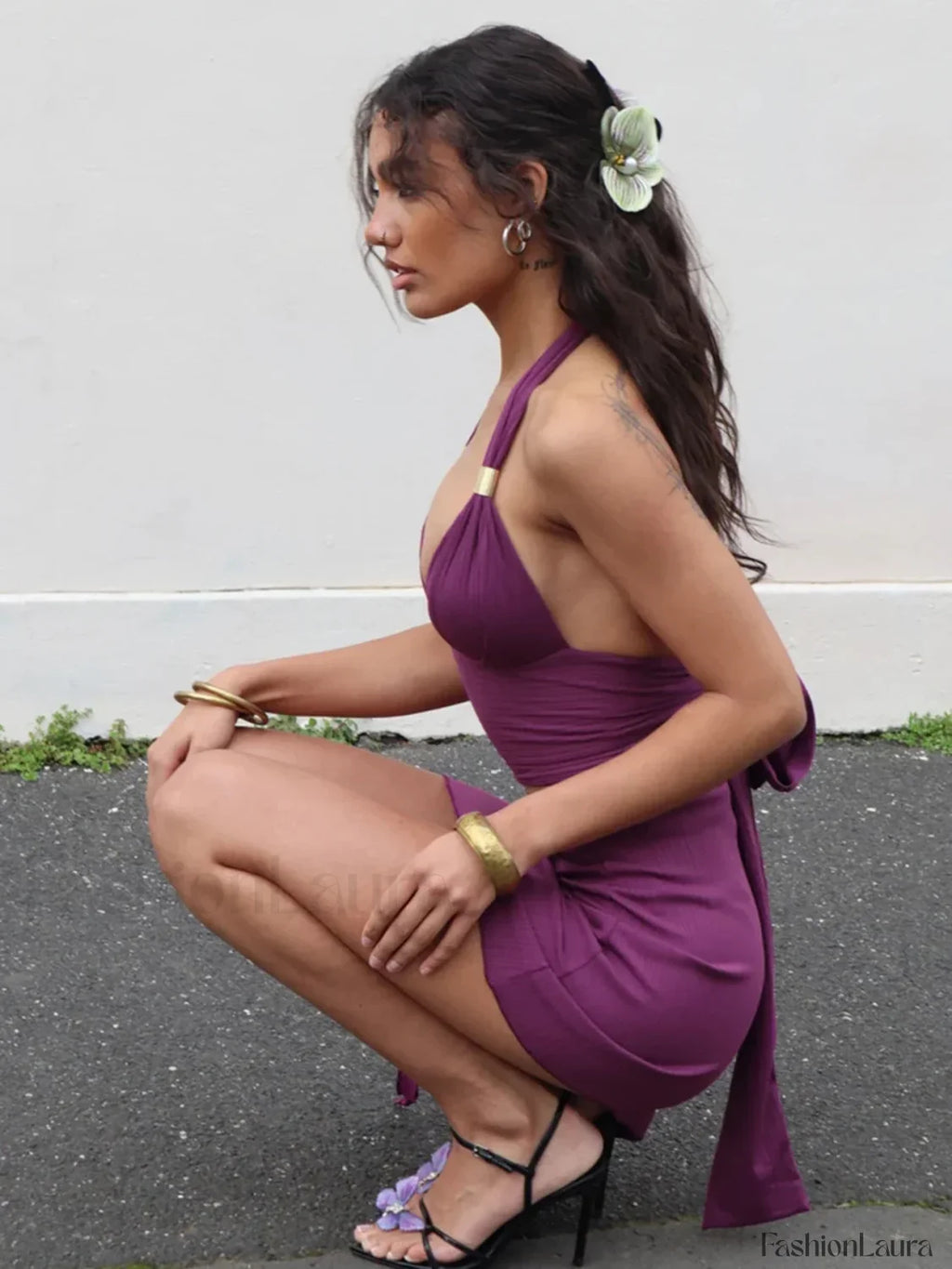 Deep V Backless Low Waist Skirt Two Piece Set