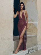 Deep V Backless Slit Maxi Cover Up