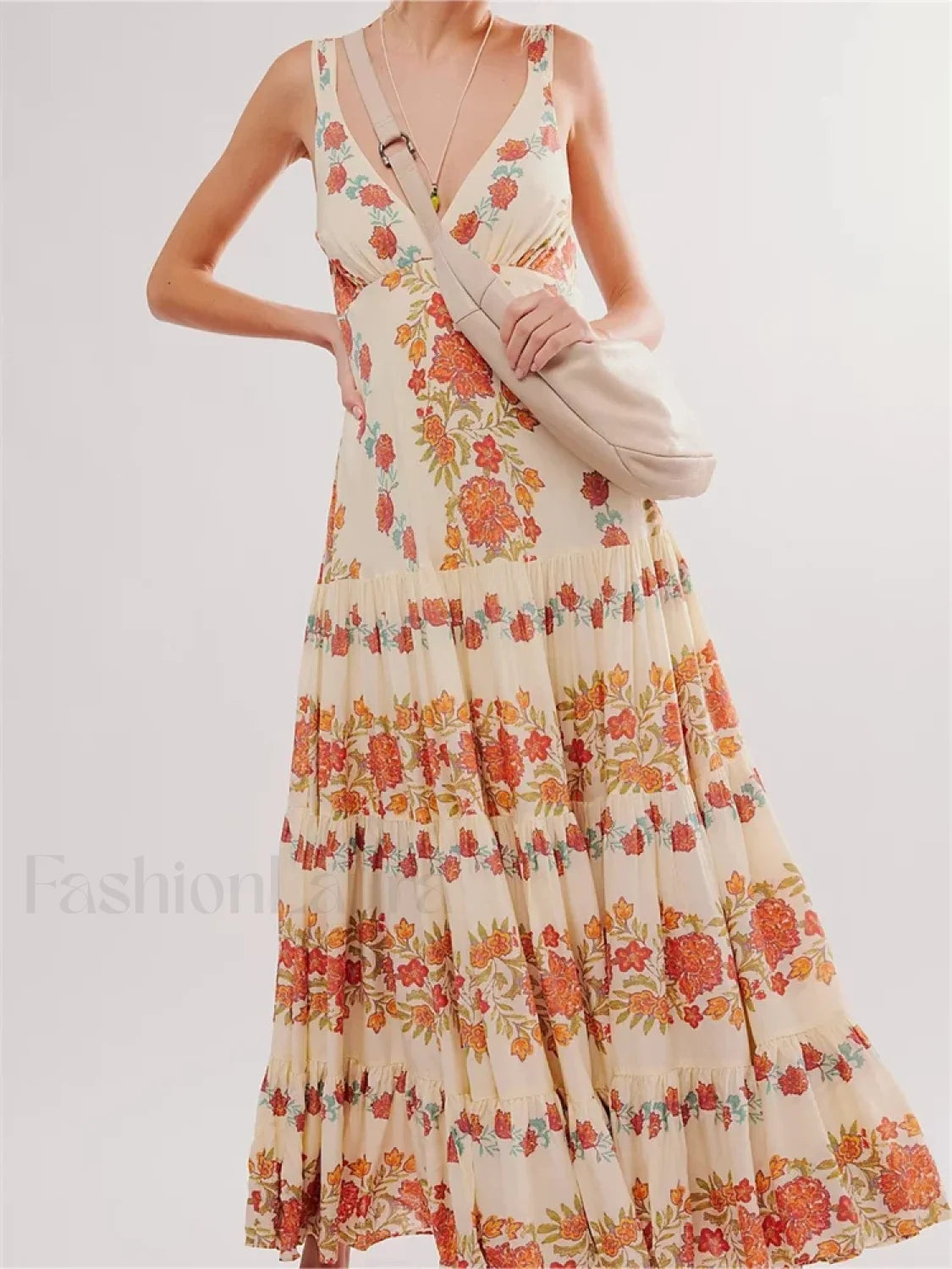 Deep V Floral Loose Casual Maxi Dress orange / S