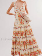 Deep V Floral Loose Casual Maxi Dress orange / S