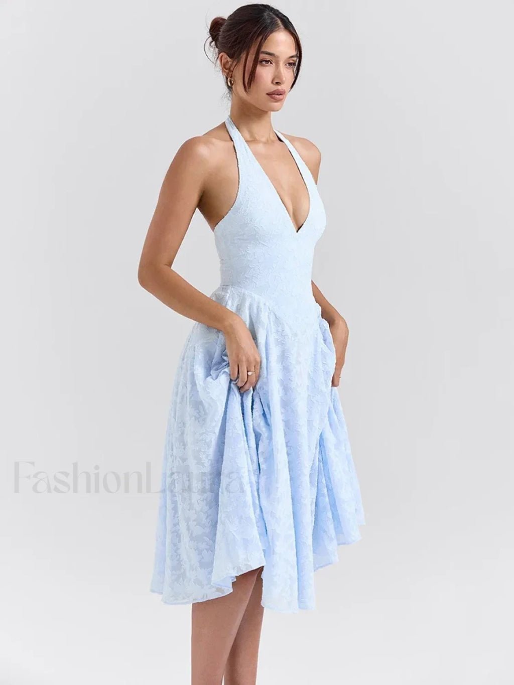 Deep V Halter Pleated Midi Dress
