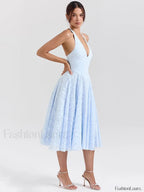 Deep V Halter Pleated Midi Dress