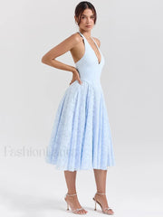 Deep V Halter Pleated Midi Dress