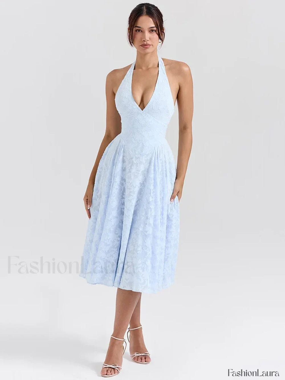 Deep V Halter Pleated Midi Dress Blue / S