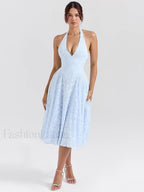 Deep V Halter Pleated Midi Dress Blue / S