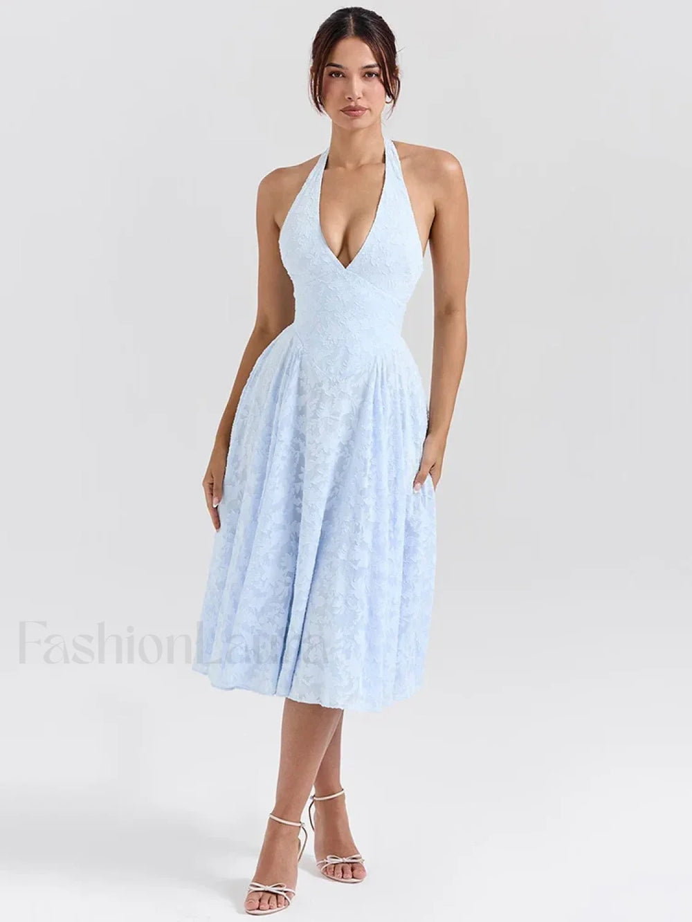 Deep V Halter Pleated Midi Dress Blue / S