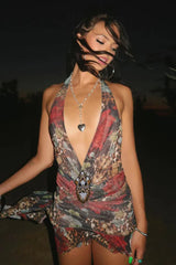 Deep V Hollow Strap Sexy Leopard Print Pure Desire Floral Dress