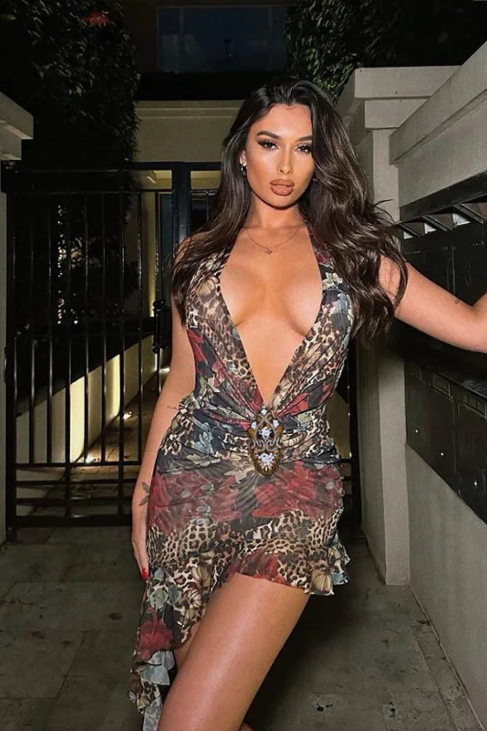 Deep V Hollow Strap Sexy Leopard Print Pure Desire Floral Dress Main image