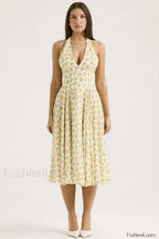Deep V Neck Backless Floral A Line Floral Dress