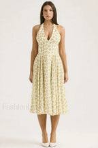 Deep V Neck Backless Floral A Line Floral Dress