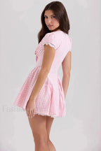 Deep V Neck Backless Pleated Printed A Line Mini Dress