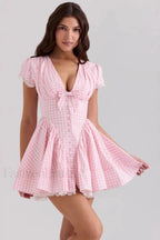 Deep V Neck Backless Pleated Printed A Line Mini Dress Powder Grid / S