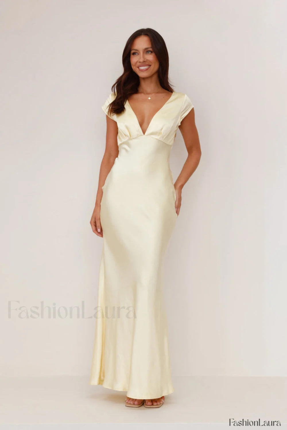 Deep V Neck Bodycon Backless Midi Work Dress Light Yellow / S