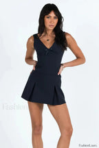 Deep V Neck Bow Trim Wide Slip Mini Dress
