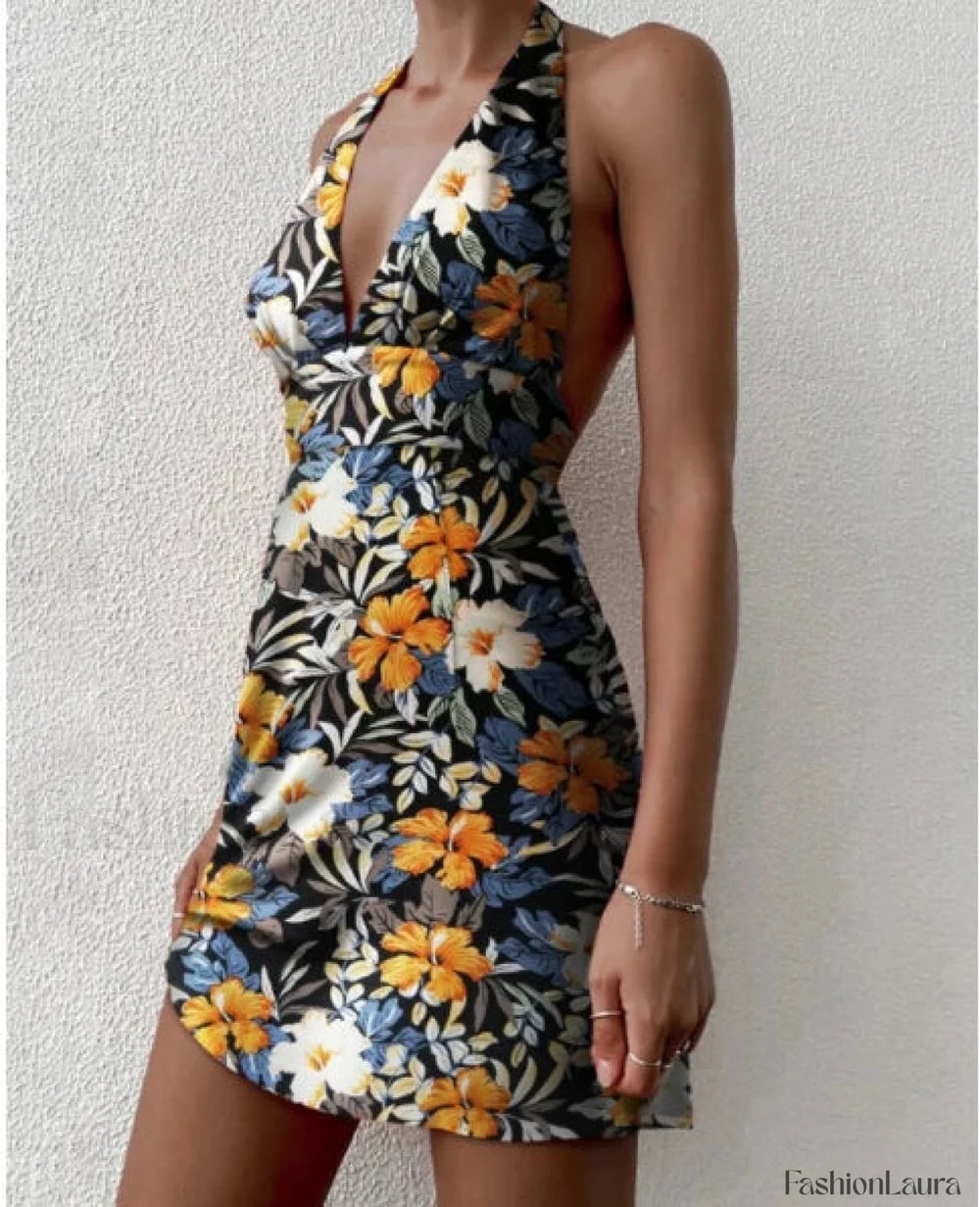 Deep V Neck Fitted Floral Dress