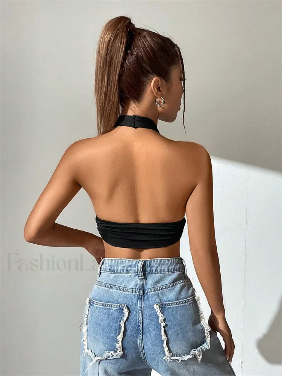 Deep V-Neck Halter Backless Solid Color Sexy Club Crop Top Secondary image