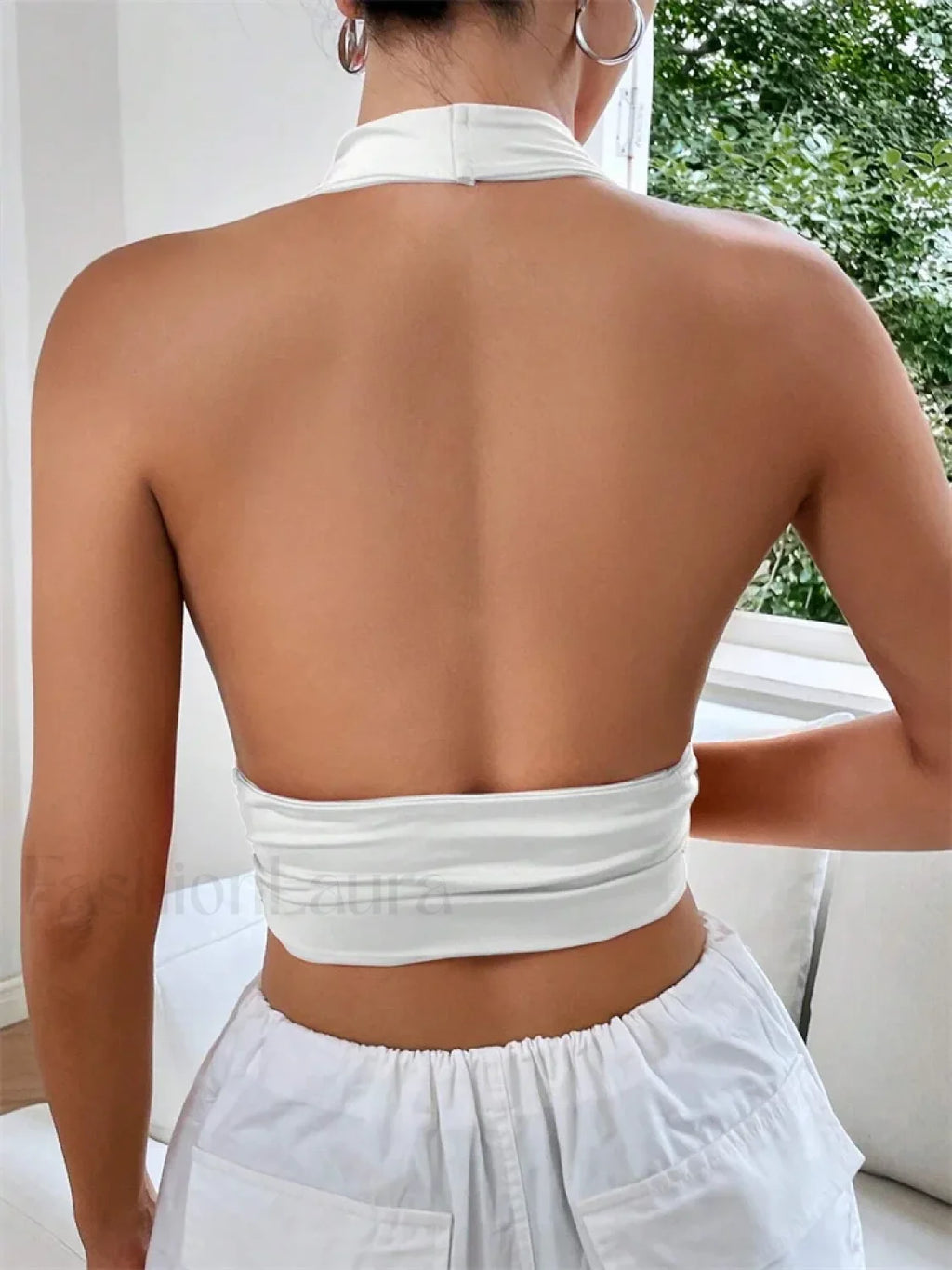 Deep V Neck Halter Backless Solid Color Sexy Club Crop Top