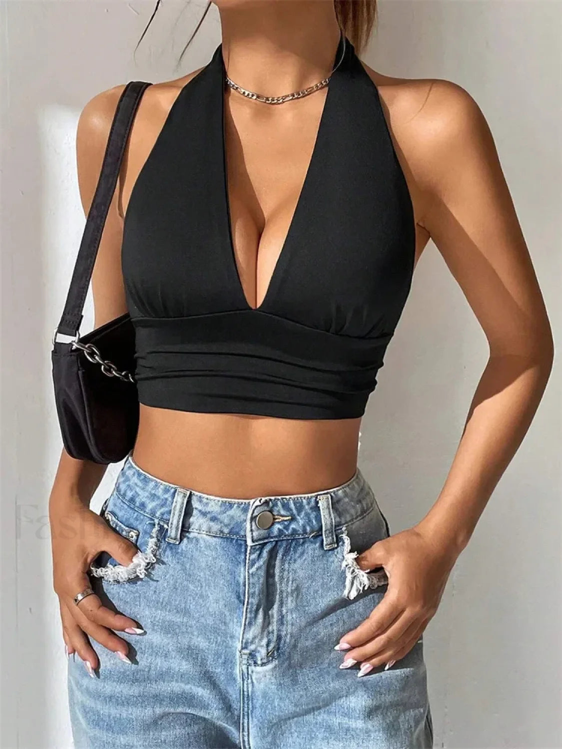 Deep V Neck Halter Backless Solid Color Sexy Club Crop Top Black / S Main image