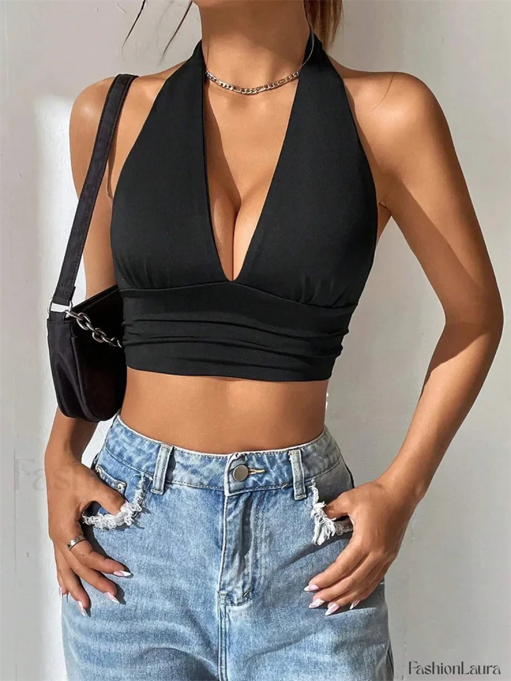 Deep V Neck Halter Backless Solid Color Sexy Club Crop Top Black / S