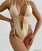 Deep V Neck Halter One Piece Beige / S