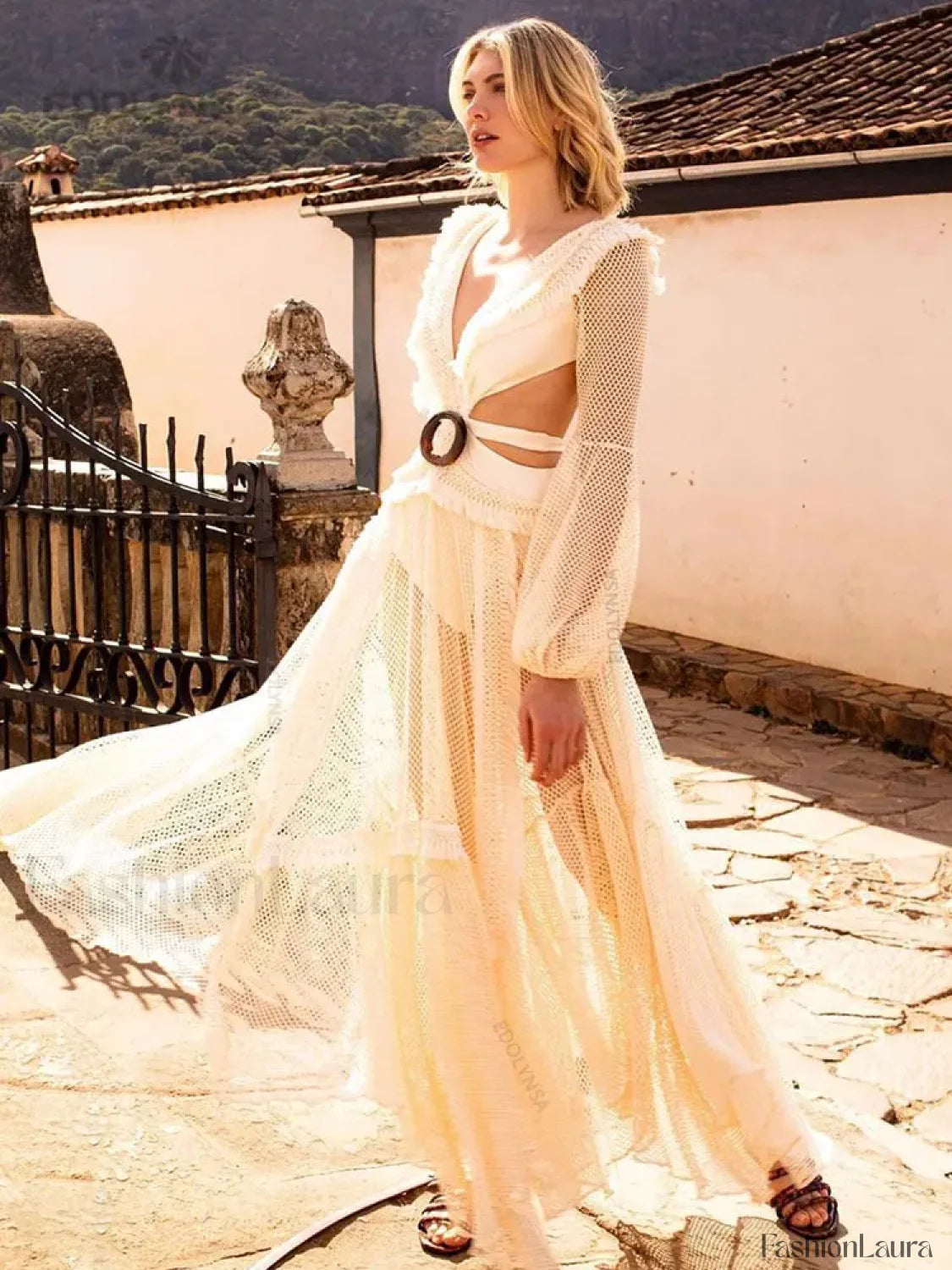 Deep V neck Lace Cover Up Beige / S