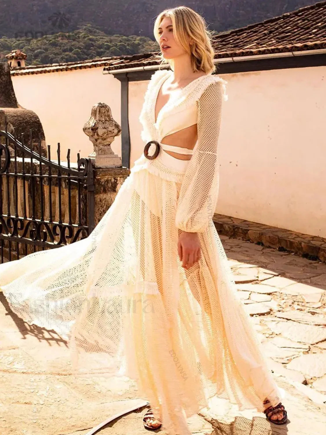 Deep V neck Lace Cover Up Beige / S