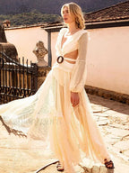 Deep V neck Lace Cover Up Beige / S