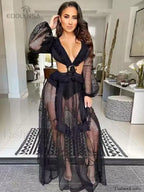 Deep V neck Lace Cover Up Black / S