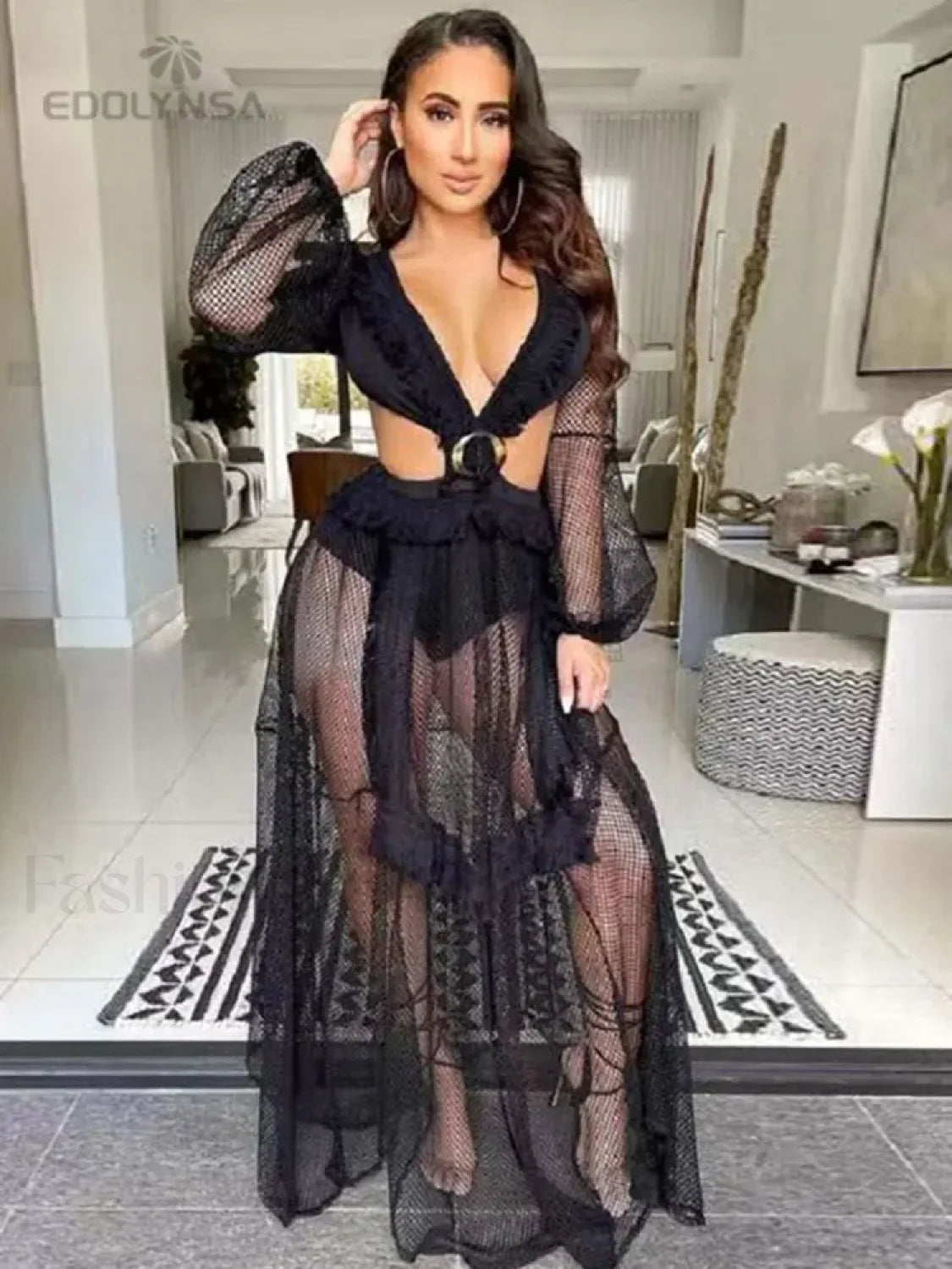 Deep V neck Lace Cover Up Black / S