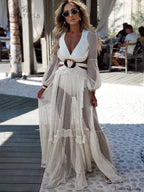 Deep V neck Lace Cover Up WHITE / M