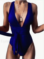 Deep V Neck Lace Up Slim One Piece