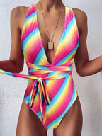 Deep V Neck Lace Up Slim One Piece color11 / S