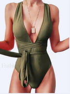 Deep V Neck Lace Up Slim One Piece color5 / S