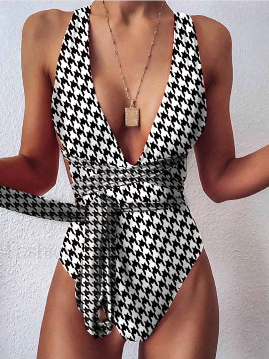 Deep V Neck Lace Up Slim One Piece color17 / S