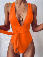 Deep V Neck Lace Up Slim One Piece color9 / S
