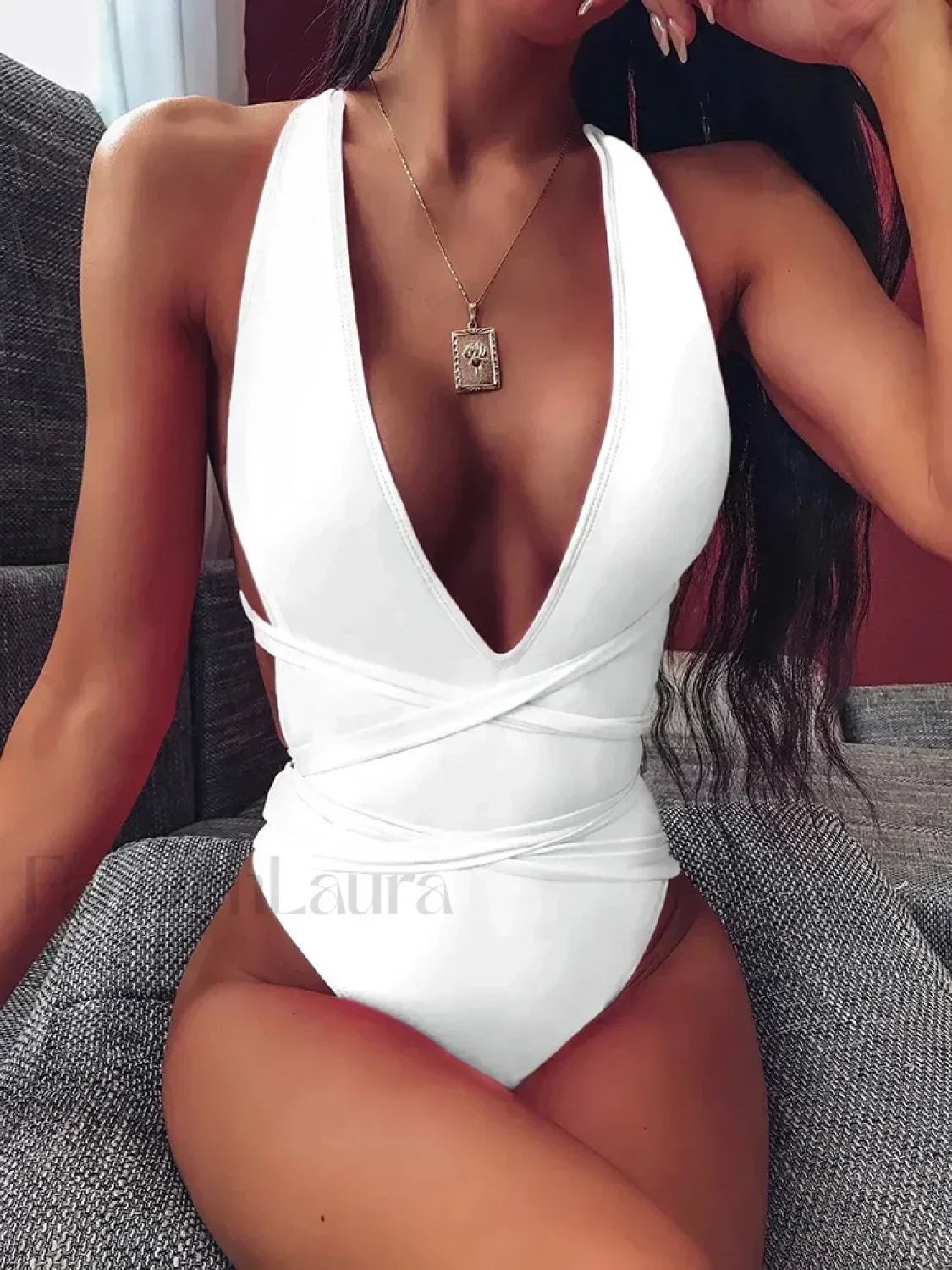 Deep V Neck Lace Up Slim One Piece color1 / S